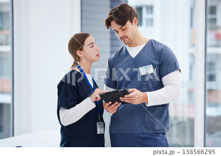 Doctors, man and woman with tablet at hospital with discussion, healthcare and teamwork. Medical professional, nurse and surgeon with digital app for telehealth, insurance website and clinic advice Doctors, man and woman with tablet at hospital with discussion, healthcare and teamwork. Medical professional, nurse and surgeon with digital app for telehealth, insurance website and clinic advice 138566295