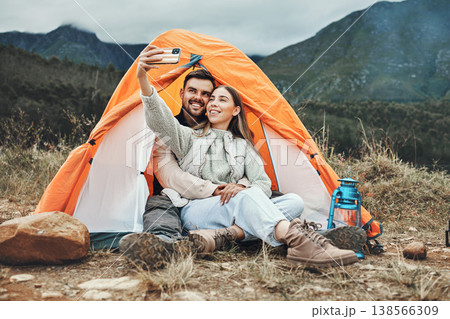 Couple, tent and happy in camping selfie, memory and holiday on web blog, morning and countryside. Man, woman and relax with vacation, social network post and adventure with love, outdoor and freedom Couple, tent and happy in camping selfie, memory and holiday on web blog, morning and countryside. Man, woman and relax with vacation, social network post and adventure with love, outdoor and freedom 138566309
