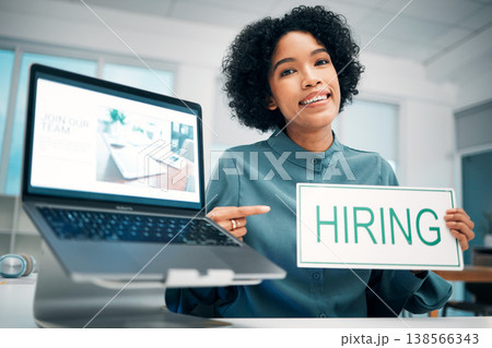 Woman, pointing and hiring sign, laptop and human resources with offer, recruitment and job opportunity. Onboarding, pc screen with website and HR invitation to join team, poster and recruiting Woman, pointing and hiring sign, laptop and human resources with offer, recruitment and job opportunity. Onboarding, pc screen with website and HR invitation to join team, poster and recruiting 138566343