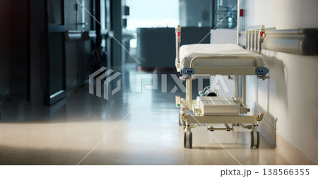 Healthcare, medicine and a bed in the corridor of a hospital after work, ready for an emergency or accident. Medical, wellness and service with a gurney in the empty hallway of a health clinic Healthcare, medicine and a bed in the corridor of a hospital after work, ready for an emergency or accident. Medical, wellness and service with a gurney in the empty hallway of a health clinic 138566355