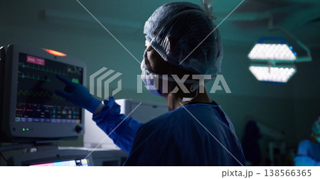 Back, medical and monitor with a doctor in theater for surgery or a healthcare procedure at the hospital. Medicine, technology and equipment with a professional surgeon in a clinic for an operation 138566365