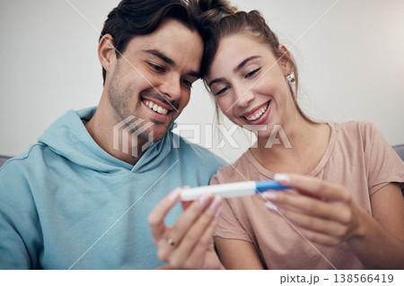 Pregnancy, test and smile of couple in home, reading good news or check positive results. Pregnant, stick and happy man and woman in living room excited for success, future maternity or ivf fertility Pregnancy, test and smile of couple in home, reading good news or check positive results. Pregnant, stick and happy man and woman in living room excited for success, future maternity or ivf fertility 138566419