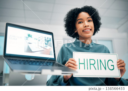 Woman with hiring sign, laptop and human resources with offer, recruitment and job opportunity at company. Onboarding, pc screen with website and HR invitation to join team, poster and recruiting Woman with hiring sign, laptop and human resources with offer, recruitment and job opportunity at company. Onboarding, pc screen with website and HR invitation to join team, poster and recruiting 138566433