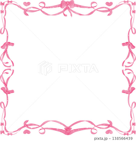 Decorative pink ribbon and bow frame with heart accents watercolor Decorative pink ribbon and bow frame with heart accents watercolor 138566439