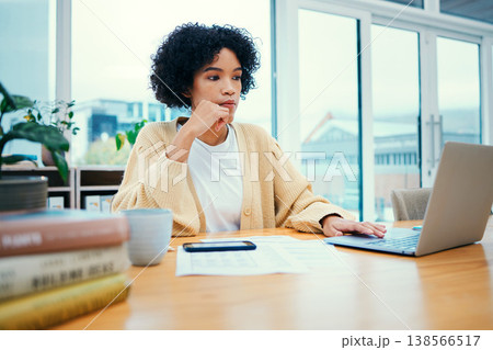 Woman with laptop, thinking and research in home office with documents, internet and freelance project. Remote work, ideas and girl with computer, paperwork and writing online article for website. Woman with laptop, thinking and research in home office with documents, internet and freelance project. Remote work, ideas and girl with computer, paperwork and writing online article for website. 138566517