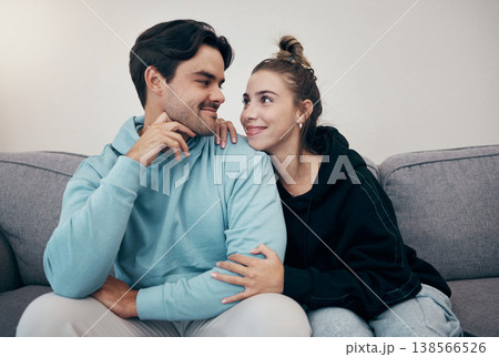 Smile, bond and couple relax on a sofa with care, hug and support at home together. Love, face and happy young people in a living room connect, chilling and enjoy weekend, relationship or day off Smile, bond and couple relax on a sofa with care, hug and support at home together. Love, face and happy young people in a living room connect, chilling and enjoy weekend, relationship or day off 138566526