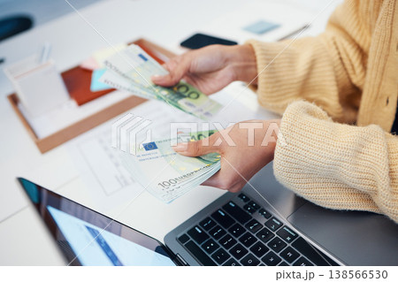 Hands, money and business woman with laptop in office for budget, savings and investment closeup. Cash, counting and female investor with payment, loan or sale, deal and profit, growth or management Hands, money and business woman with laptop in office for budget, savings and investment closeup. Cash, counting and female investor with payment, loan or sale, deal and profit, growth or management 138566530