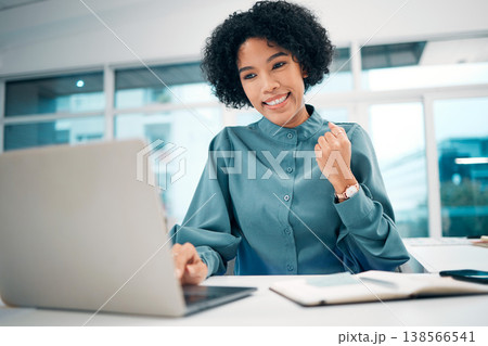 Happy woman, laptop and fist pump in winning, success or promotion for bonus or good news on office desk. Female person smile on computer in celebration, victory or achievement on table at workplace Happy woman, laptop and fist pump in winning, success or promotion for bonus or good news on office desk. Female person smile on computer in celebration, victory or achievement on table at workplace 138566541