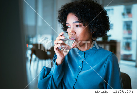 Woman, drinking water and night in office, reading or thinking for hydration, wellness or finance company. Accountant, glass and computer for nutrition, diet or detox for health, idea or workplace Woman, drinking water and night in office, reading or thinking for hydration, wellness or finance company. Accountant, glass and computer for nutrition, diet or detox for health, idea or workplace 138566578