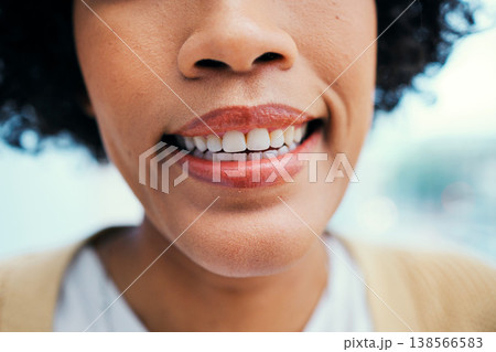 Woman, mouth and closeup dental cleaning, teeth whitening or healthy gums. Zoom female person, natural smile and oral wellness for hygiene confident care grooming, fresh treatment or healthcare lips 138566583