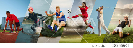 Wide sports collage with multiple athletes performing in stadium field court and indoor scenes. 138566601