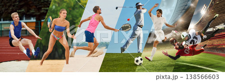 Mixed sports collage with tennis beach running baseball football and stadium action scenes. Mixed sports collage with tennis beach running baseball football and stadium action scenes. 138566603