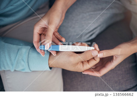 Couple, hands and holding of pregnancy test in closeup for family planning, future and love on sofa in space. Man, woman and married with result on stick for news of fertility with support for care 138566662