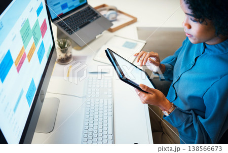 Woman with computer, notebook and schedule in office, agenda and reminder for office administration. Online calendar, charts and girl at desk planning spreadsheet for time management with high angle. Woman with computer, notebook and schedule in office, agenda and reminder for office administration. Online calendar, charts and girl at desk planning spreadsheet for time management with high angle. 138566673
