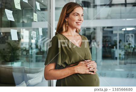 Woman, pregnancy and office by glass board for thinking, ideas and inspiration with business for goals. Entrepreneur, brainstorming and problem solving for solution, process and smile in workplace 138566680