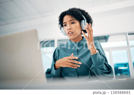 Woman is confused, laptop glitch and headphones, video conference for presentation, tech and online meeting. Communication fail, 404 or error during virtual discussion, webinar and corporate training 138566691