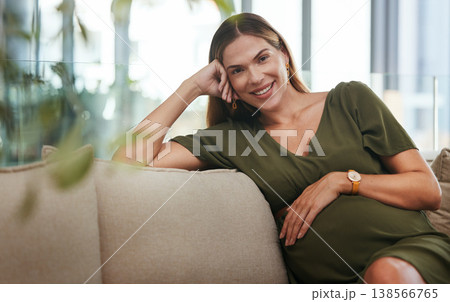 Business woman, pregnant and smile in portrait, modern office and relax with hand on stomach, care and maternity. Happy mother, pregnancy glow and lounge couch in corporate workplace with pride Business woman, pregnant and smile in portrait, modern office and relax with hand on stomach, care and maternity. Happy mother, pregnancy glow and lounge couch in corporate workplace with pride 138566765