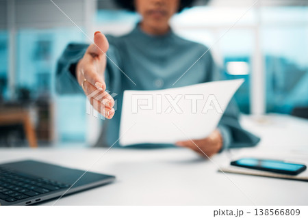 Handshake, CV and interview, recruitment with human resources and communication, partnership and trust. Person, hiring or onboarding with shaking hands and opportunity for job, agreement and deal 138566809