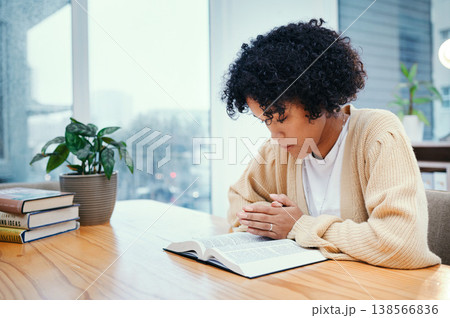 Praying, bible and woman with religion, worship and hope with guidance, healing or Christian with faith. Person, girl and believer with holy scripture, book or home with help, spiritual and gratitude 138566836