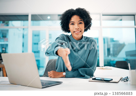 Handshake, woman and interview, recruitment with human resources and communication, partnership and trust. Portrait, hiring or onboarding with shaking hands and job opportunity, agreement and deal 138566883