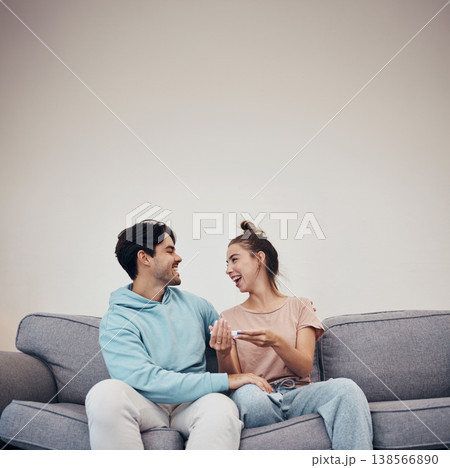 Pregnancy test, excited and couple on sofa in home, reading good news or check results on mockup space. Kit, happy man and pregnant woman in living room for success, future maternity or ivf fertility Pregnancy test, excited and couple on sofa in home, reading good news or check results on mockup space. Kit, happy man and pregnant woman in living room for success, future maternity or ivf fertility 138566890