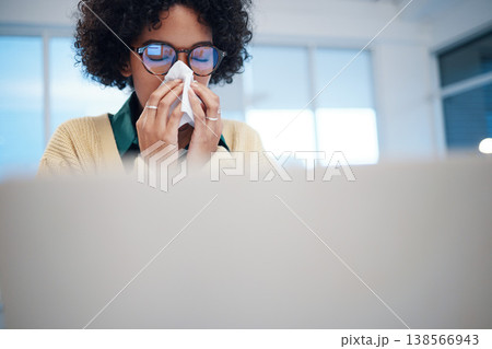 Sick business woman blowing nose for allergy, covid disease and virus in startup company. Professional on computer, tissue paper and allergies for health problem, cold fever and bacteria in winter 138566943