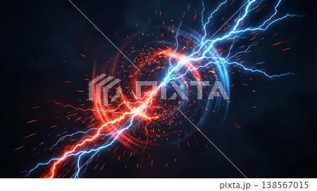 赤と青のエネルギー衝突、稲妻と火花の抽象的背景 138567015