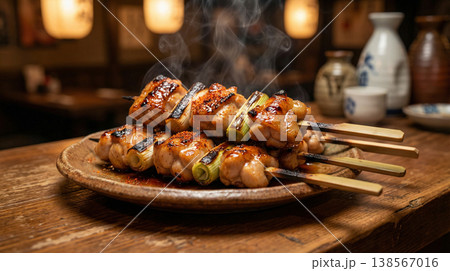 居酒屋で提供される湯気が立ち上る熱々のねぎま焼き鳥 138567016