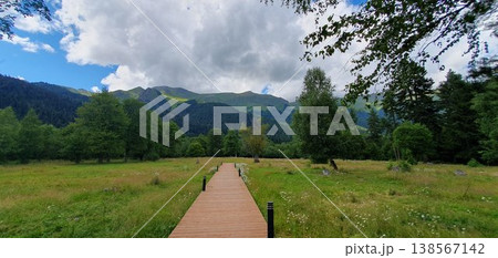 Phone photo of a wooden footpath platform in a meadow with green Caucasus mountains in the background. Scenic outdoor view showing nature, hiking, and peaceful landscape. 138567142