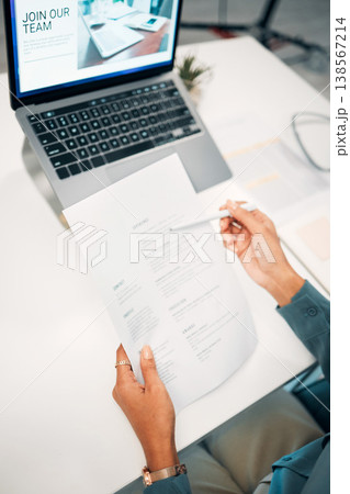 Hands, pen and human resources with CV, hiring and recruitment in workplace, information and job application. Person reading resume, employee choice and onboarding, opportunity and administration Hands, pen and human resources with CV, hiring and recruitment in workplace, information and job application. Person reading resume, employee choice and onboarding, opportunity and administration 138567214