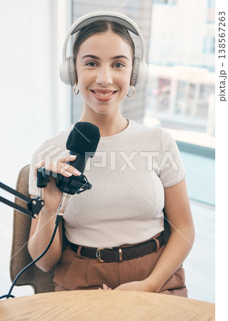 Portrait, podcast and woman with a microphone, live streaming and smile with news broadcasting. Face, happy person and radio presenter with tech, headphones and public relations with content creator Portrait, podcast and woman with a microphone, live streaming and smile with news broadcasting. Face, happy person and radio presenter with tech, headphones and public relations with content creator 138567263