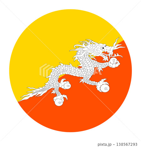 Circular Bhutanese national flag symbol. Country emblem with Thunder Dragon for travel and culture. 138567293