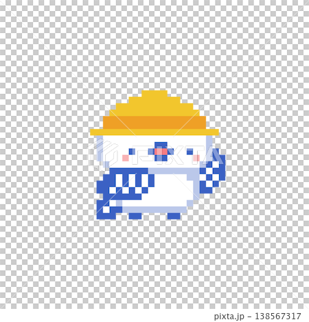 A pixel art image of a long-tailed tit wearing a yellow hat and blue hairtail. A pixel art image of a long-tailed tit wearing a yellow hat and blue hairtail. 138567317
