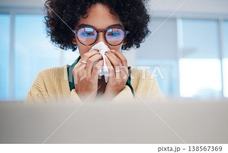Sick business woman on computer, blowing nose and covid allergy, disease or virus in startup company. Professional, tissue paper and allergies for health problem, cold fever and bacteria in winter Sick business woman on computer, blowing nose and covid allergy, disease or virus in startup company. Professional, tissue paper and allergies for health problem, cold fever and bacteria in winter 138567369