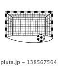 The soccer ball is lying next to the soccer goal. A football match. World Football Day. 138567564