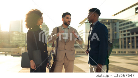Business people, handshake and team in street, talk and city with meeting, introduction and attorney group. Men, women or corporate law employees with shaking hands, friends or outdoor on road in cbd 138567647