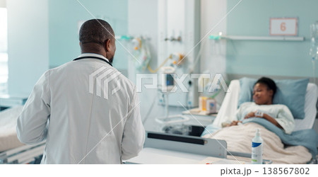 Check, patient and doctor in hospital, clinic or healthcare with sick black woman healing or talking to expert. Health, insurance or surgeon consulting person in rehabilitation with checklist or help 138567802
