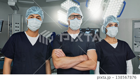 Surgeon team, doctor and people in portrait, healthcare and confidence in operation theater for medical procedure. Surgery, health professional and help in hospital, expert in mask and collaboration Surgeon team, doctor and people in portrait, healthcare and confidence in operation theater for medical procedure. Surgery, health professional and help in hospital, expert in mask and collaboration 138567876