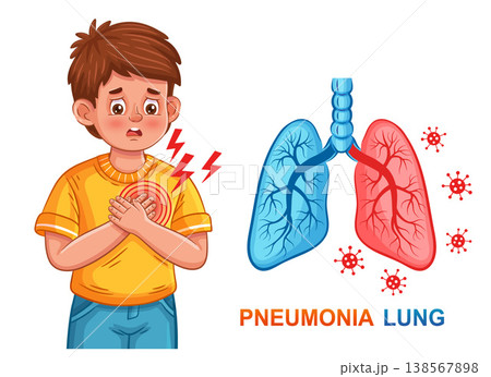 Lung pneumonia, pulmonary respiratory system disease. Boy child feel chest pain. Breathing organ health. Bronchitis inflammation, cough, asthma medical treatment. Coronavirus virus infection. Vector Lung pneumonia, pulmonary respiratory system disease. Boy child feel chest pain. Breathing organ health. Bronchitis inflammation, cough, asthma medical treatment. Coronavirus virus infection. Vector 138567898