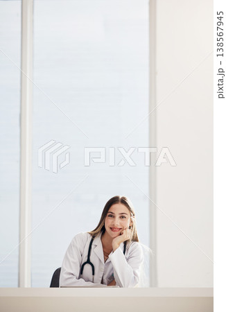 Portrait, doctor and smile with a woman in a hospital for healthcare, consulting or trust on space. Medical, mockup and a happy young medicine professional at a desk in a clinic for cardiology Portrait, doctor and smile with a woman in a hospital for healthcare, consulting or trust on space. Medical, mockup and a happy young medicine professional at a desk in a clinic for cardiology 138567945