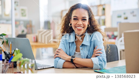 Ecommerce, happy woman at laptop with boxes and confidence for sales report with pride at fashion startup. Online shopping, package and small business owner with happiness, computer and arms crossed. Ecommerce, happy woman at laptop with boxes and confidence for sales report with pride at fashion startup. Online shopping, package and small business owner with happiness, computer and arms crossed. 138568023