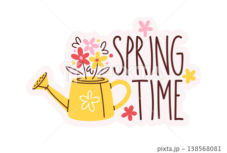 Watering Can With Flowers Spring Lettering Cartoon 138568081