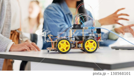 Hands, robotics classroom and students at school, learning or discussion for future development. Group, people and education with electronics, transportation or energy for moving, building or talking Hands, robotics classroom and students at school, learning or discussion for future development. Group, people and education with electronics, transportation or energy for moving, building or talking 138568101