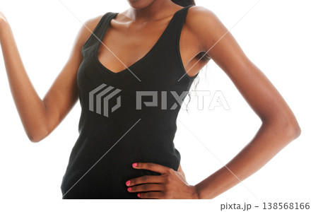 Woman, fashion and hand in studio or tshirt outfit, clothes or casual style. Female model person, arm gesture pose and trend for natural confidence on white background with mockup space 138568166