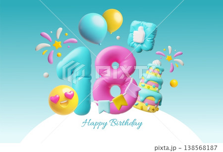 A 3D poster featuring the number 18, a cake, balloons, a smiley face, fireworks, and flags. 138568187