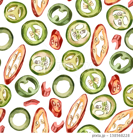A seamless watercolor pattern with sliced fresh chili peppers and green jalapenos. All objects are hand-painted in watercolor. Vegetable illustrations for textile wallpaper and restaurant menus. A seamless watercolor pattern with sliced fresh chili peppers and green jalapenos. All objects are hand-painted in watercolor. Vegetable illustrations for textile wallpaper and restaurant menus. 138568228