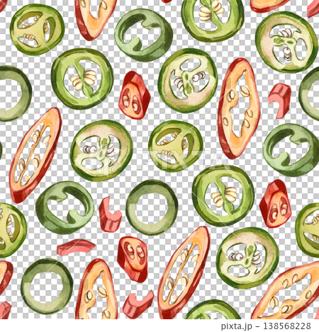 A seamless watercolor pattern with sliced fresh chili peppers and green jalapenos. All objects are hand-painted in watercolor. Vegetable illustrations for textile wallpaper and restaurant menus. A seamless watercolor pattern with sliced fresh chili peppers and green jalapenos. All objects are hand-painted in watercolor. Vegetable illustrations for textile wallpaper and restaurant menus. 138568228