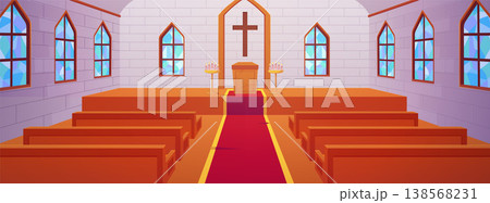 Catholic church or chapel interior with altar wooden benches, red carpet, arch stained glass windows and candles vector Catholic church or chapel interior with altar wooden benches, red carpet, arch stained glass windows and candles vector 138568231