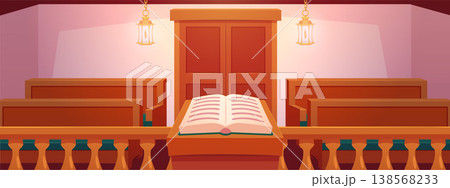 Church or chapel interior with altar wooden benches and lanterns vector cartoon illustration, cathedral worship room Church or chapel interior with altar wooden benches and lanterns vector cartoon illustration, cathedral worship room 138568233