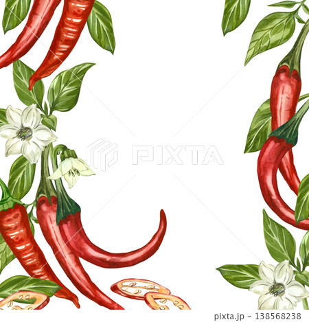 A frame of red chili peppers with green leaves and a flower. All objects are hand-painted in watercolor. Watercolor illustration for menus or recipe books, tableware, and kitchen linens. 138568238